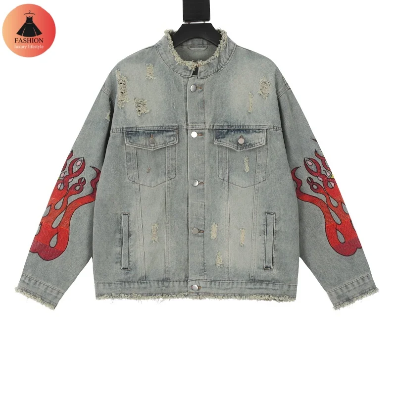 Top Quality Trend Flame Vintage Hole Broken Washed Denim Jacket High-end Casual Men's Women's Jacket