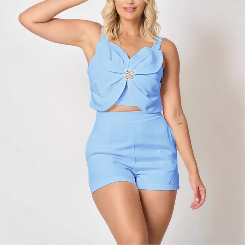 Women Fashion 3D Flower Rhinestone Decor Sleeveless Tank Top+Pockets Shorts Set Two Piece Sets Outfit Summer Sexy And Casual Set