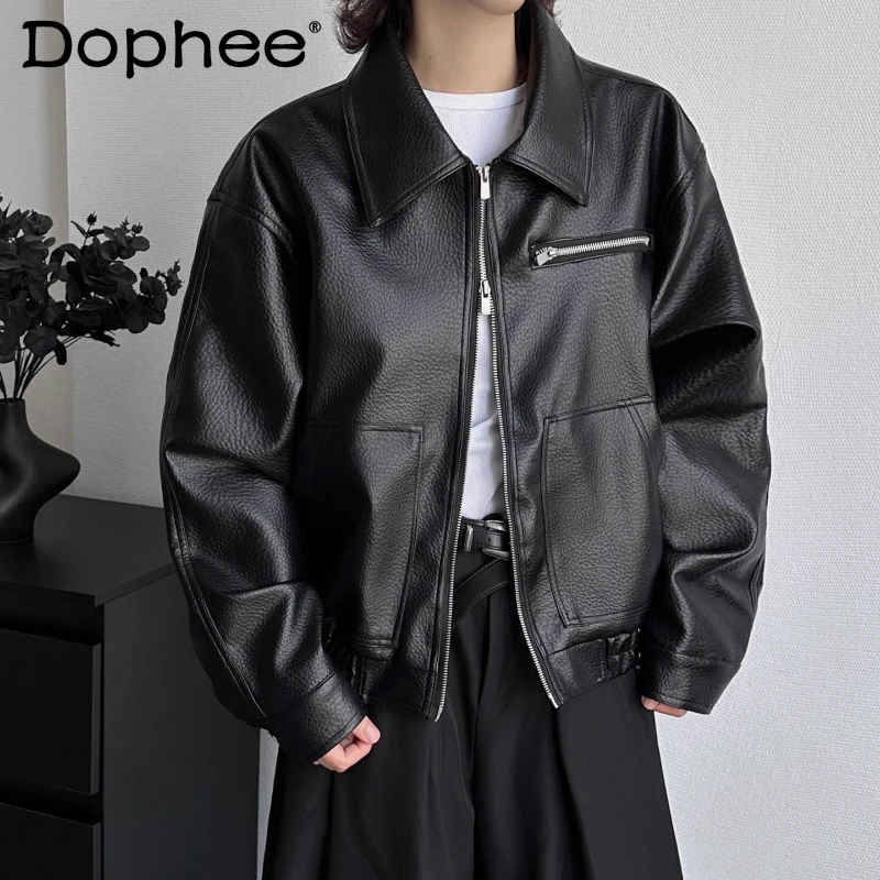 Men Women Simple Lapel Faux Leather Jackets 2025 Autumn Winter Loose Comfort Coats Zipper Pocket Decoration Faux Leather Coats