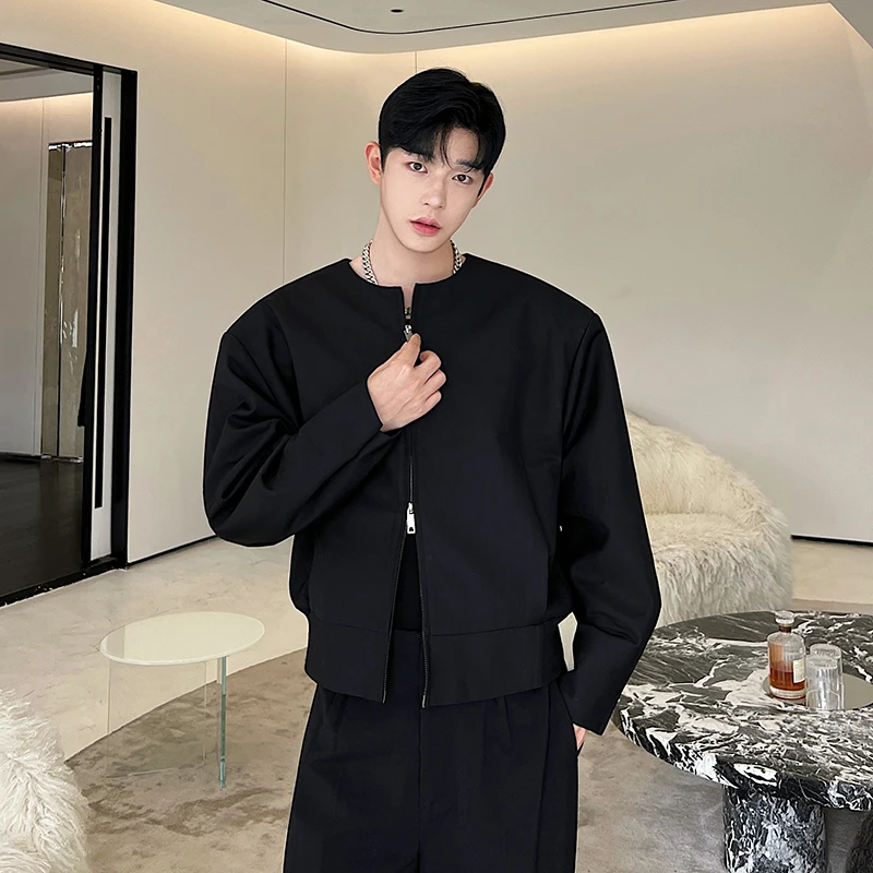짧은 유니섹스 지퍼 재킷 한국 스타일 가을 디자인 더블 헤드 지퍼 칼라 없음 남성용 심플하고 세련된 아우터웨어