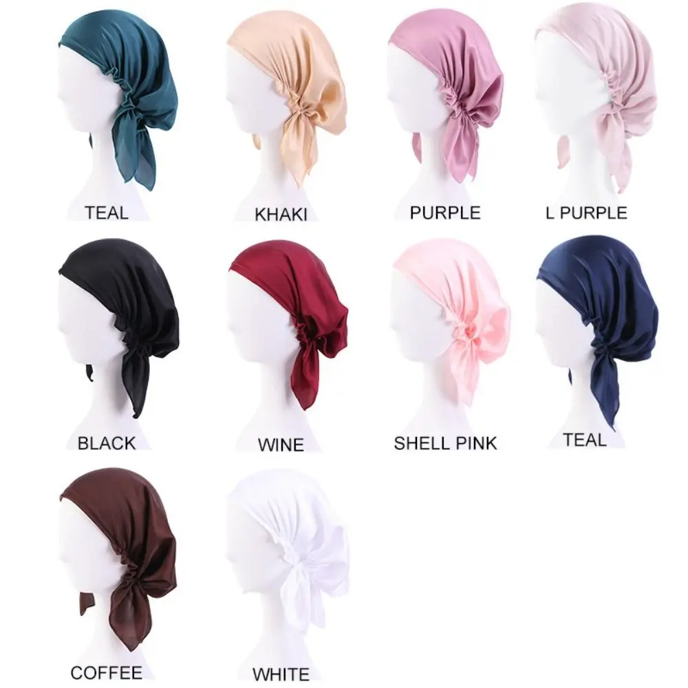 New Women Satin Night Cap Bowknot Sleep Hat Silk Chemo Caps Cancer Hats Long Tail Hair Bonnet Head Scarf Wrap Bandana Headwear