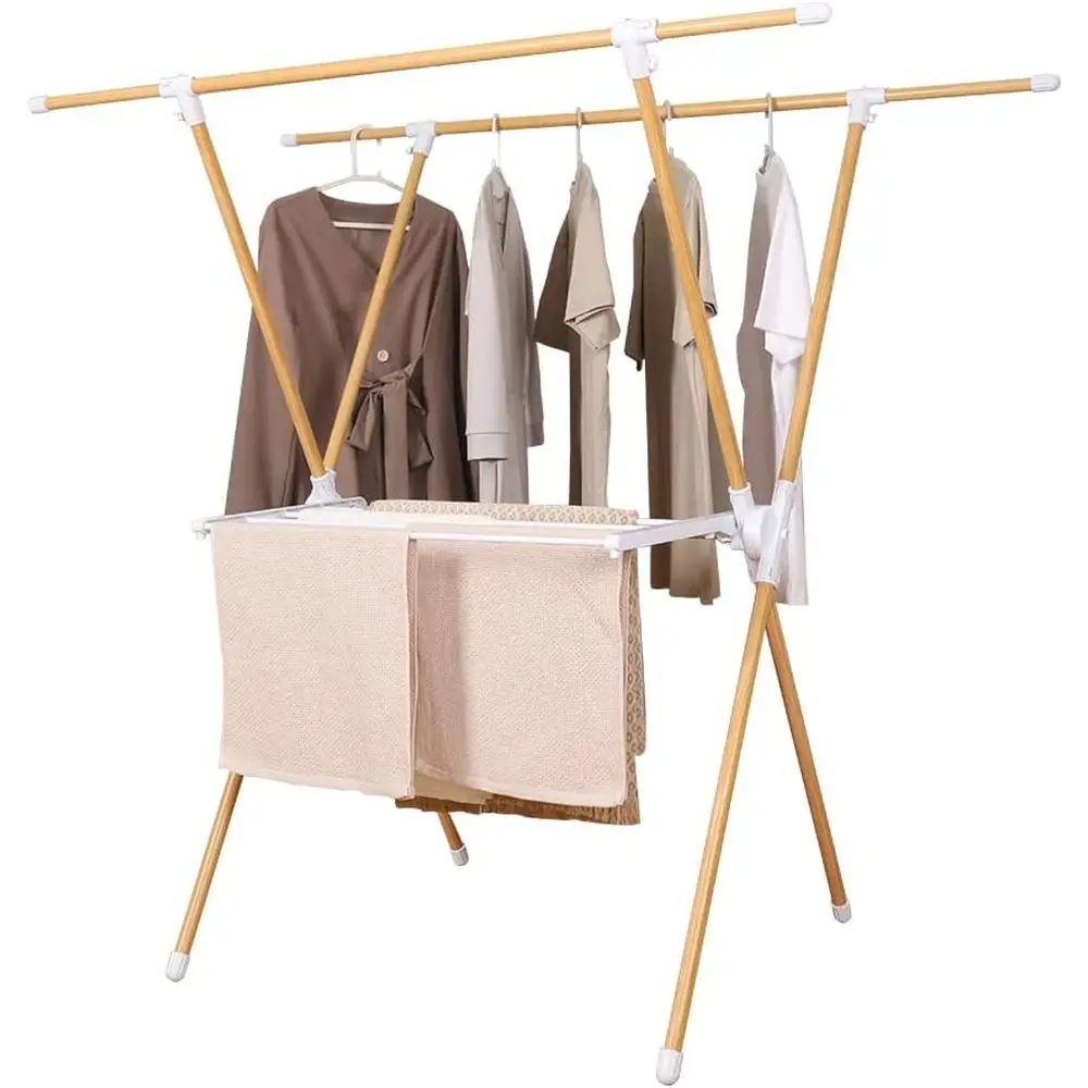 

Adjustable X-Shaped Wooden Clothes Drying Rack with Storage Shelves for Indoor or Outdoor Use
