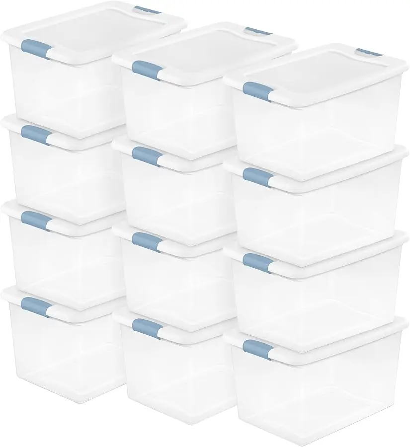 

12 Pack Latching Box, Under Bed Storage Bins with Lids, Clear Plastic, 64 Quart - Heavy-Duty Organizing Containers for Closet, B