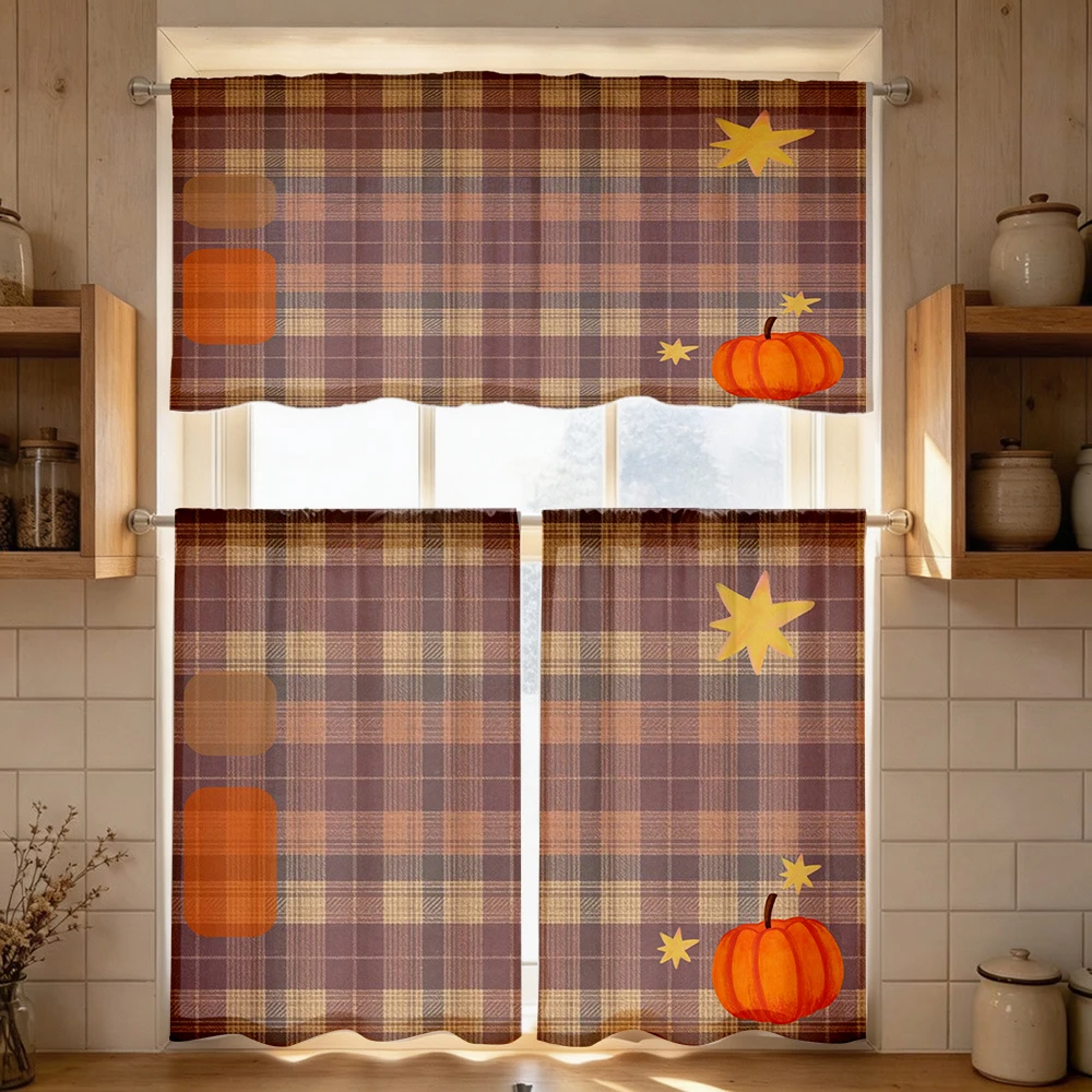 Farmhouse Kitchen Curtains, Pumpkin Plaid Star Fall, Digital Print, Kitchen Dining Room, Rod Pocket Polyester, Home Decor