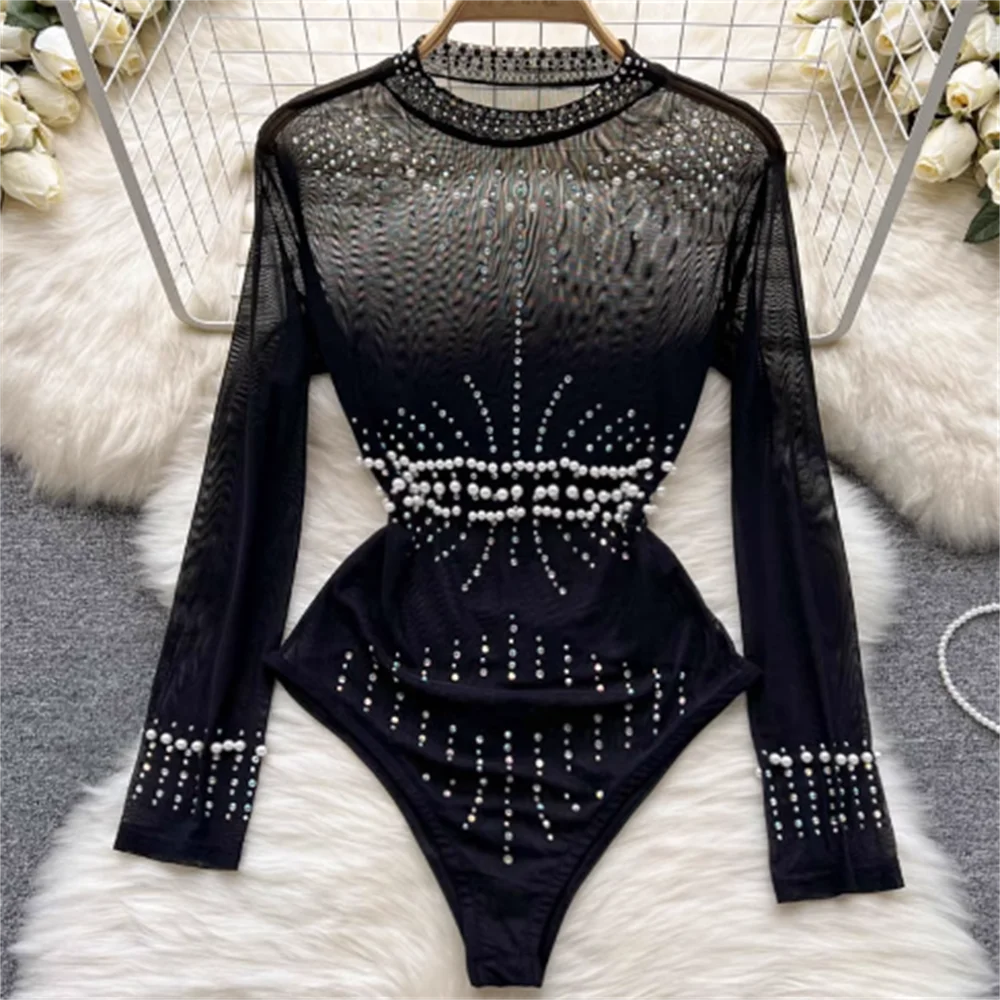 

Fashion bead sequins thin fashion Long-sleeved perspective Pearl top