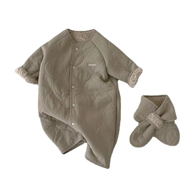 Conjunto de macacão e cachecol de lã de cordeiro bebê, roupa infantil, macacão recém-nascido, roupas infantis de menino e menina, terno coreano,