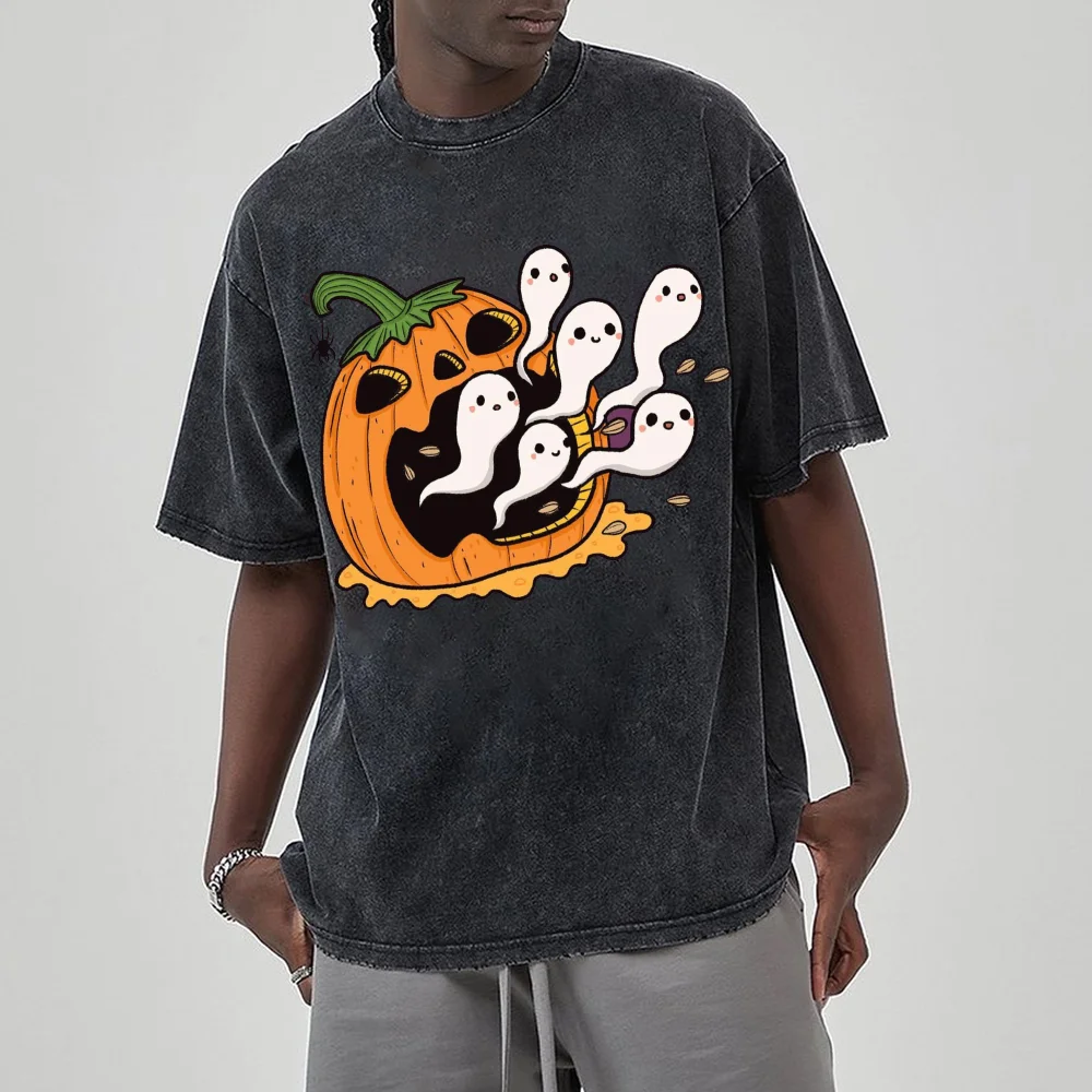 Halloween Pumpkin Ghost Print Women's T-Shirt Washed Oversized Couple Short Sleeve Festive Vibe Wear Casual Spoof Tees