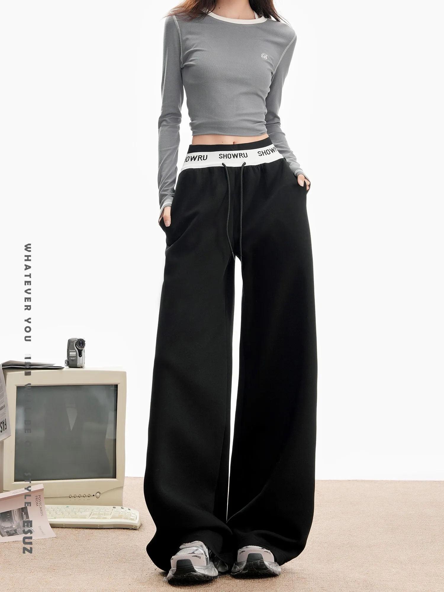 Damskie spodnie sportowe z szerokimi nogawkami Color Blo, luźny krój, sznurek, styl amerykański, casualowe, proste nogawki, spodnie dresowe na jesień i zimę.