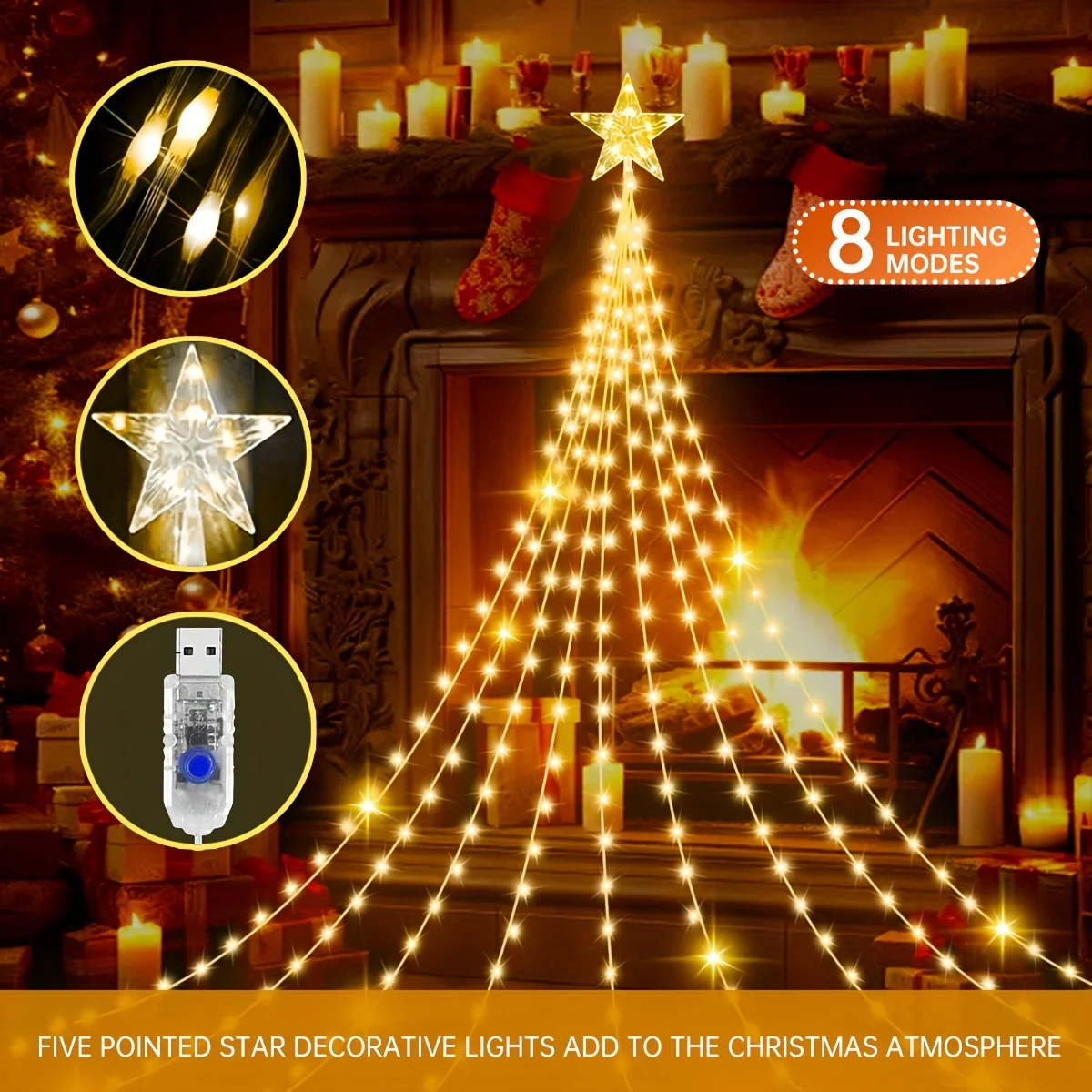 LED Christmas Star Waterfall Lights, USB Power, 8 Lighting Modes, For Garden Party Christmas Decoration image 4