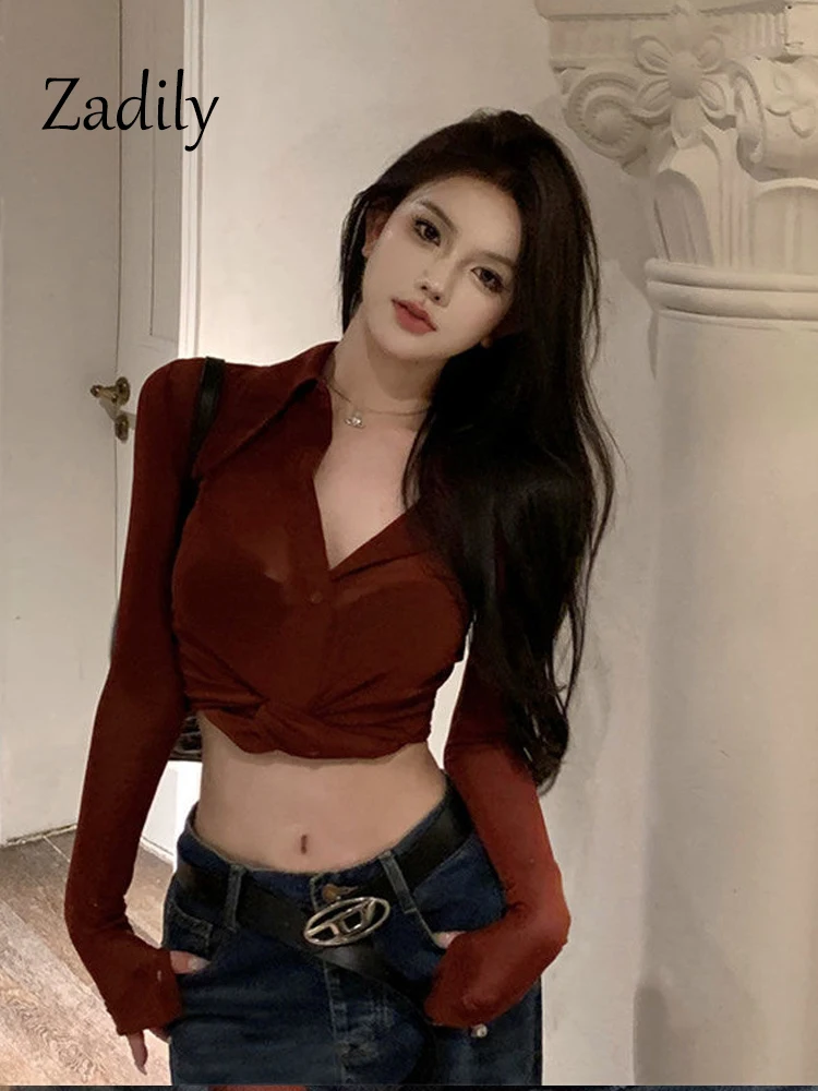 Sexy Long Sleeve Women Sheer Shirt And Blouse Button Up Slim Red High Strecth Crop Tops 2024 Summer Transparent Clothing