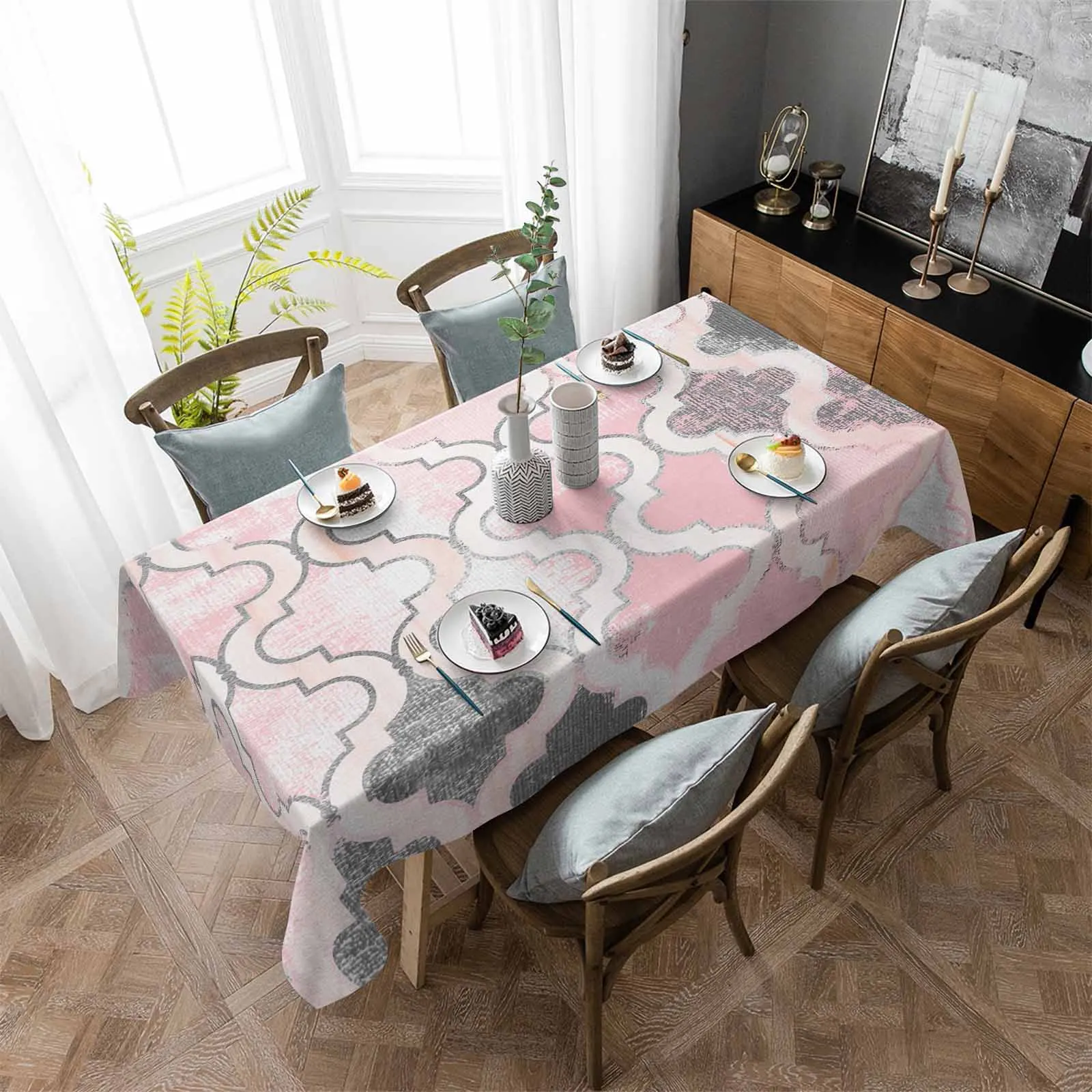 Painted Mottled Modern Morocco Pink Table Cloth Washable Tablecloth for Wedding Dining Banquet Decoration Luxuriou Table Cover