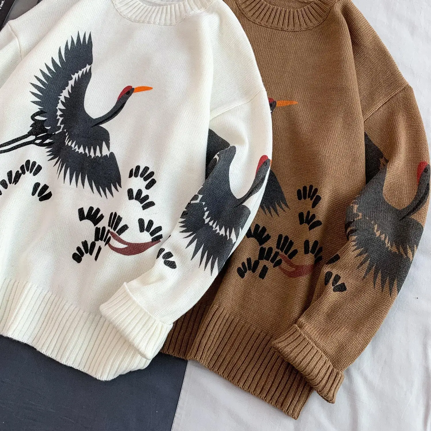 Crane Bird Y2K stampa maglioni Vintage per uomo bianco nero Hip Hop Fashion Pullover inverno autunno Streetwear Harajuku manica lunga