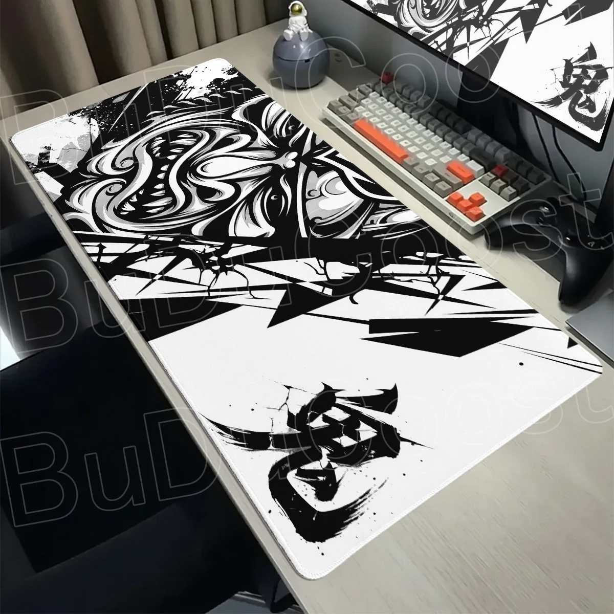 Black White Samurai Mousepad 900x400mm PC Office Extend Desk Mat Chinaese Characters “Ghost” Non-Slip Rubber Gaming Keyboard Pad