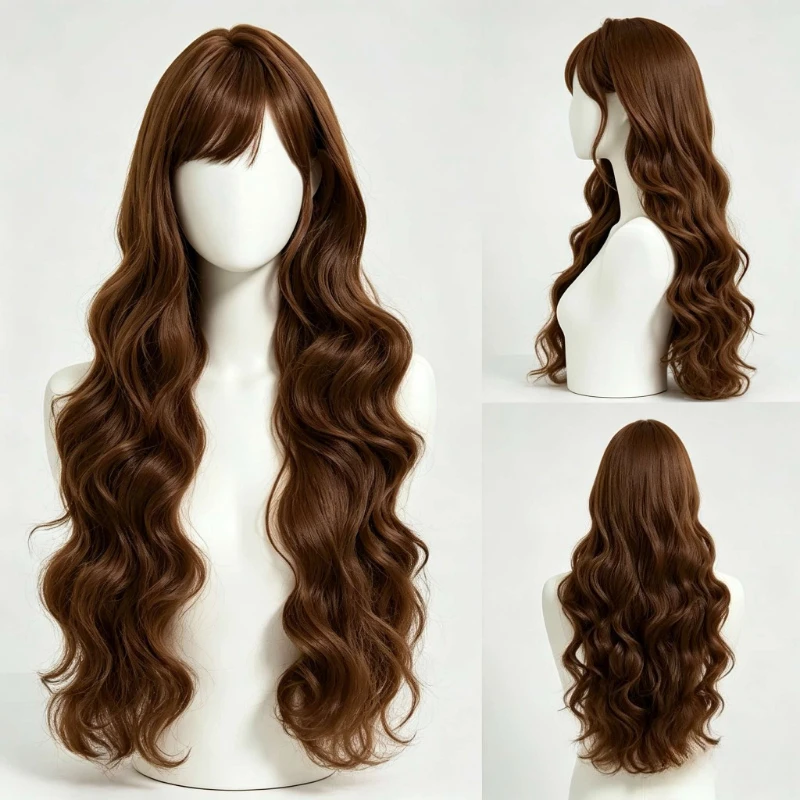 30 inch long brown curly hair can be tilted bangs fluffy full head cover women's synthetic wig