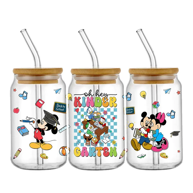 Disney Cartoon Back to School 16OZ UV DTF Cup Wraps Transfer Sticker For Glass Libbey Can Bottle Selfadhesive Washable Custom