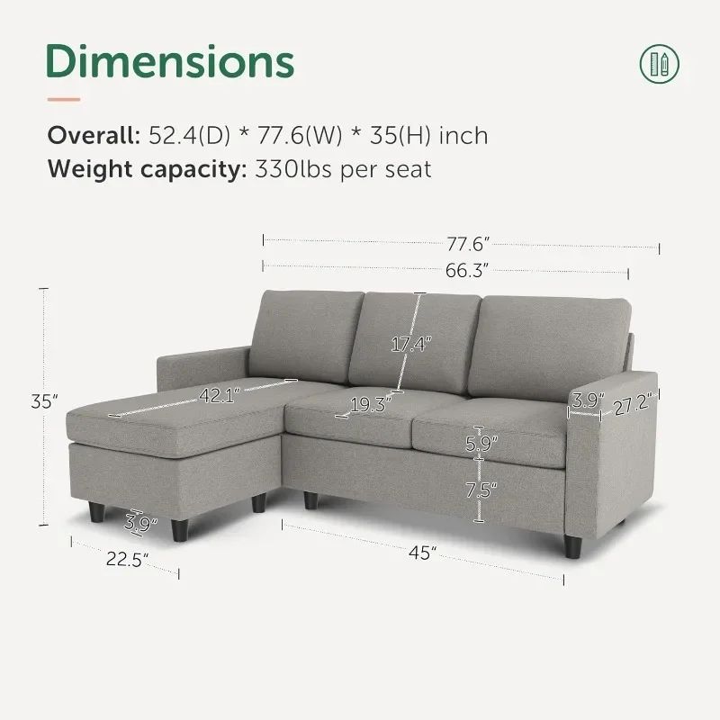 HONBAY Convertible Sectional Sofa, L Shaped Couch with Linen Fabric, Reversible Couch for Small Space, Light Grey