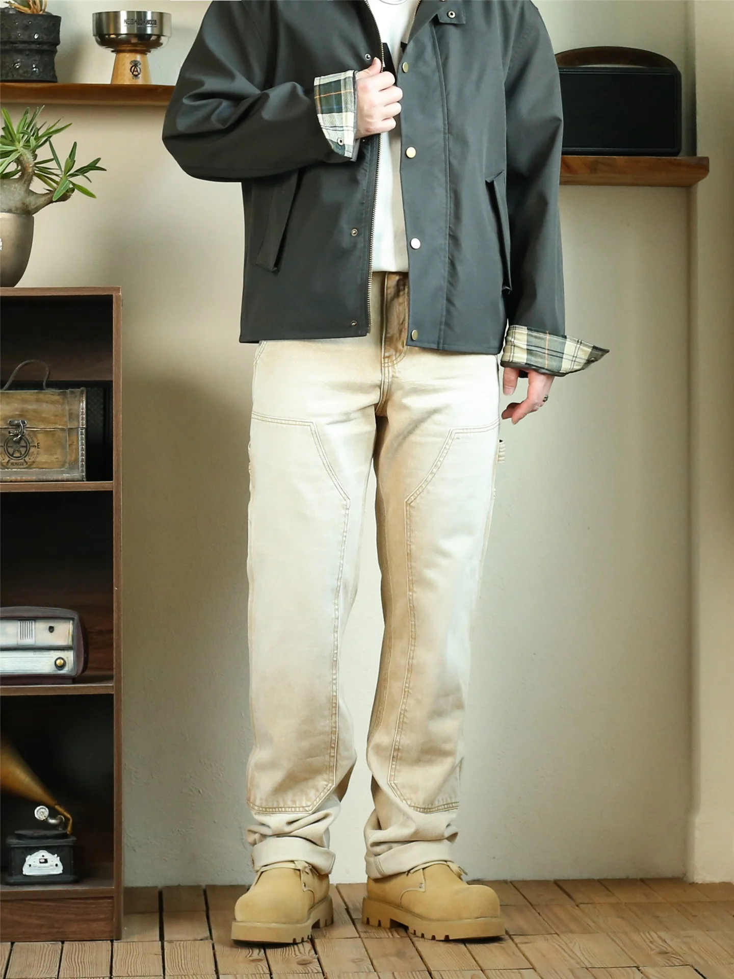 

Мужские джинсы American Sle Thiened Vintage: прямые, цвета хаки, рабочие, с завышенной талией, на пуговицах, из дышащего хлопкового денима