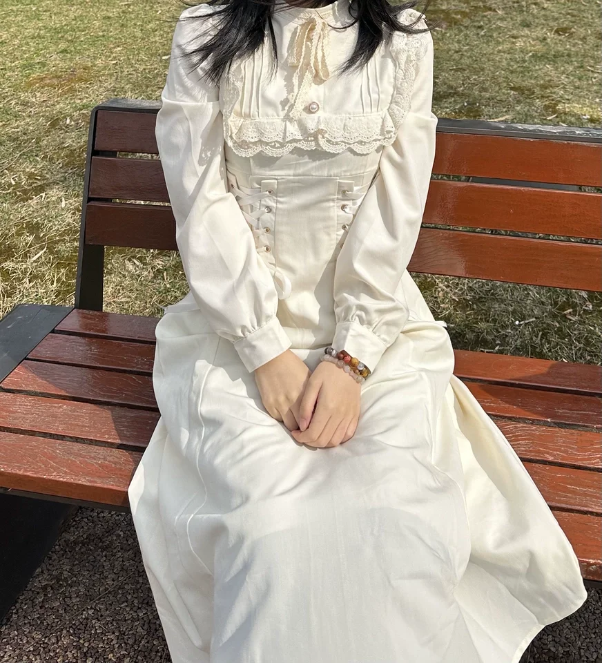 القوطية نمط ربيع الخريف مزاجه عالية الخصر فستان طويل للنساء الحلو الدانتيل دمية طوق الدانتيل متابعة فساتين خمر 2025 جديد #5