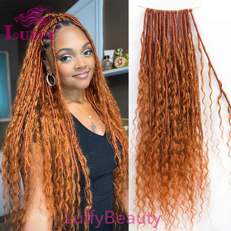 350 Solid Ginger Pre Looped Boho Locs Crochet Hair With Human Hair Curls Knotless Hair Deep Wave Boho Locs Hair Extensions