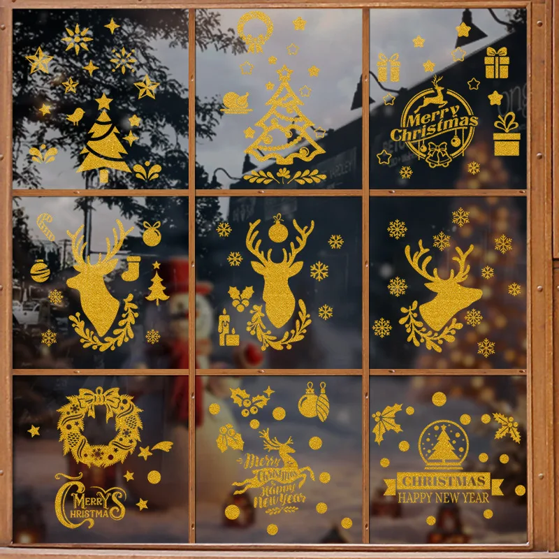 20*20cm*9pcs Gold Reindeer Head Christmas Static Cling Sticker Holiday Decoration Glass Window