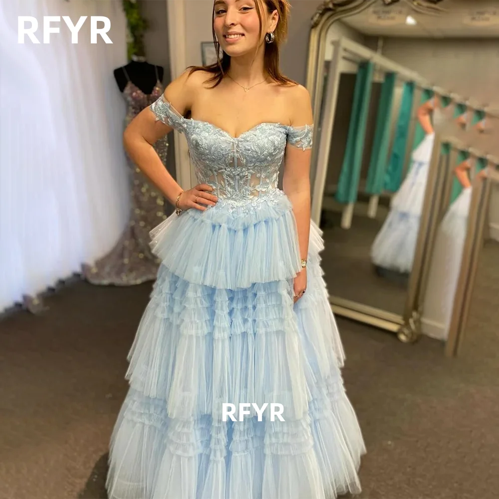 RFYR A Line Evening Dress Off Shoulder Prom Dress Lace Multilayers Party Dress Tulle Celebrity Gala Dress for Women Customized