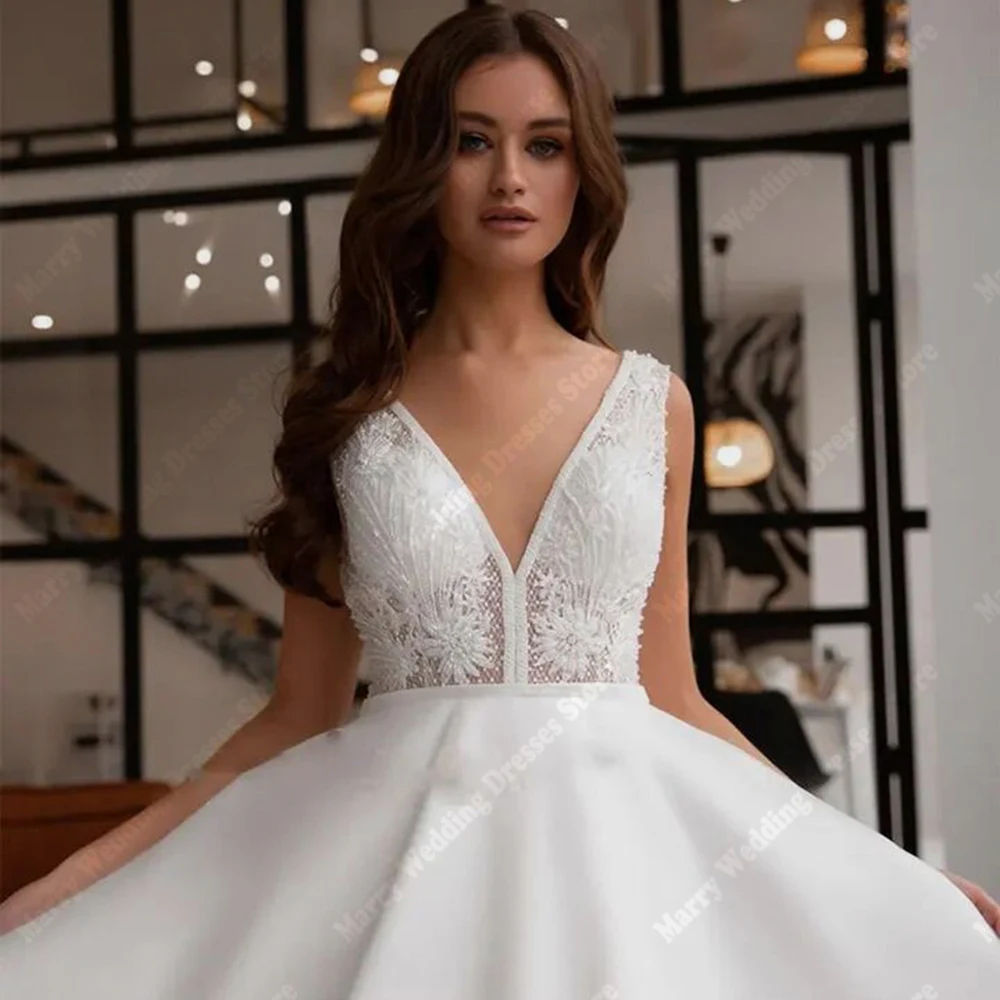 Vestidos De novia elegantes De corte en A, Vestidos De novia con Apliques De encaje sin espalda, Vestidos De novia sexis con cuello en V sin mangas, Vestidos De fiesta personalizados