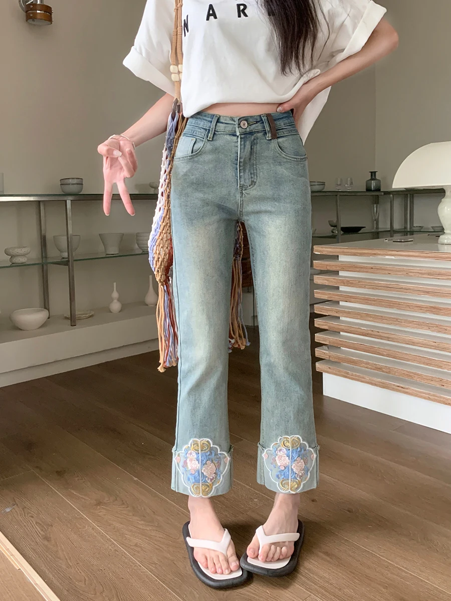 

Джинсы женские прямые с высокой талией, стрейч, ретро-стиль, весна-лето, хлопок, эластичные, длина 7/8