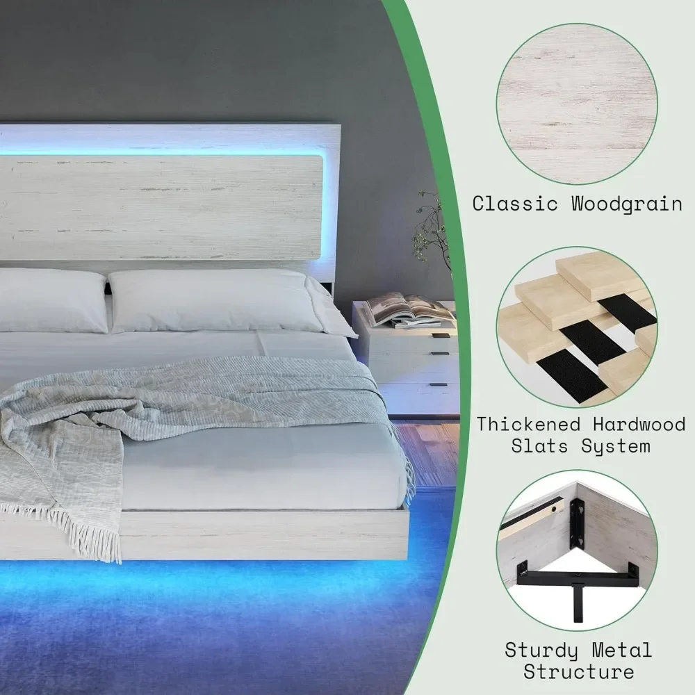 King Floating Bed Frame, Quinta com cabeceira Recline, Cama Plataforma com Luz LED, Sem Box Spring Needed
