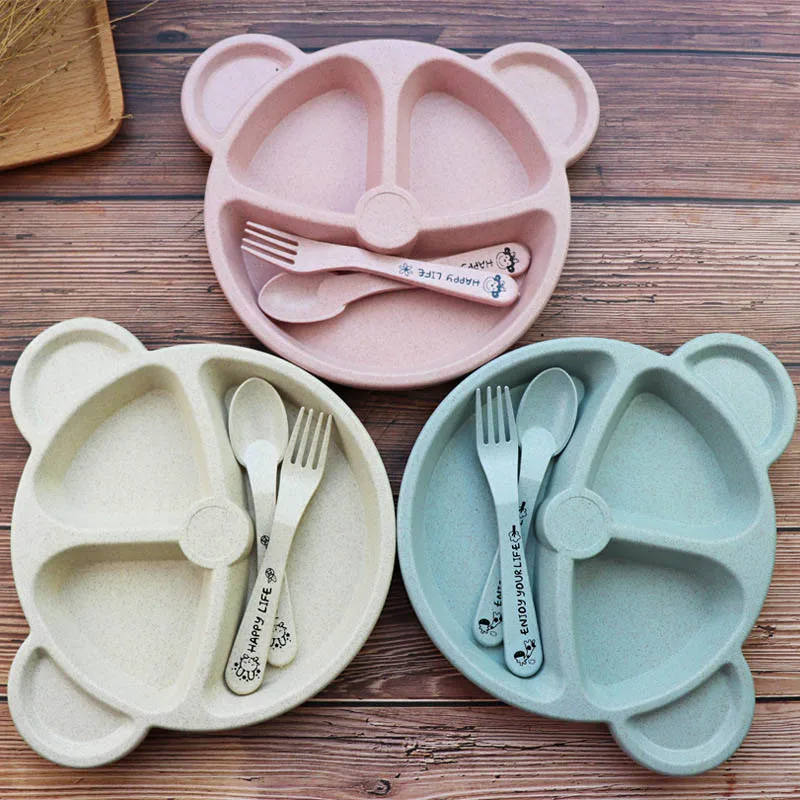 

3Pcs/Set Wheat Straw Baby Feeding Dinnerware Set Children Cartoon Bear Dishes With Spoon Fork Anti-Scald Kid Household Tableware