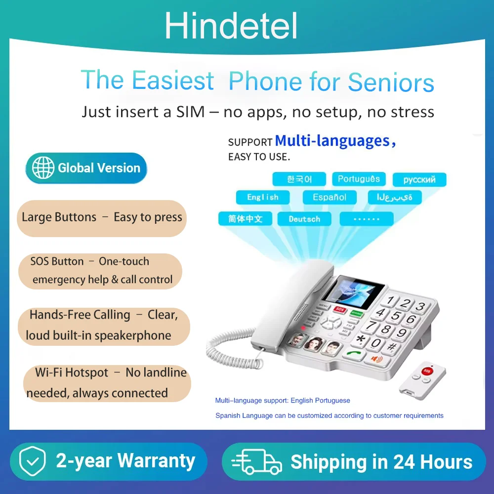 

Hindetel 4G Cordless Landline wireless house phone fix Telephone with SOS Big Button Remote Control for Seniors Elderly Old