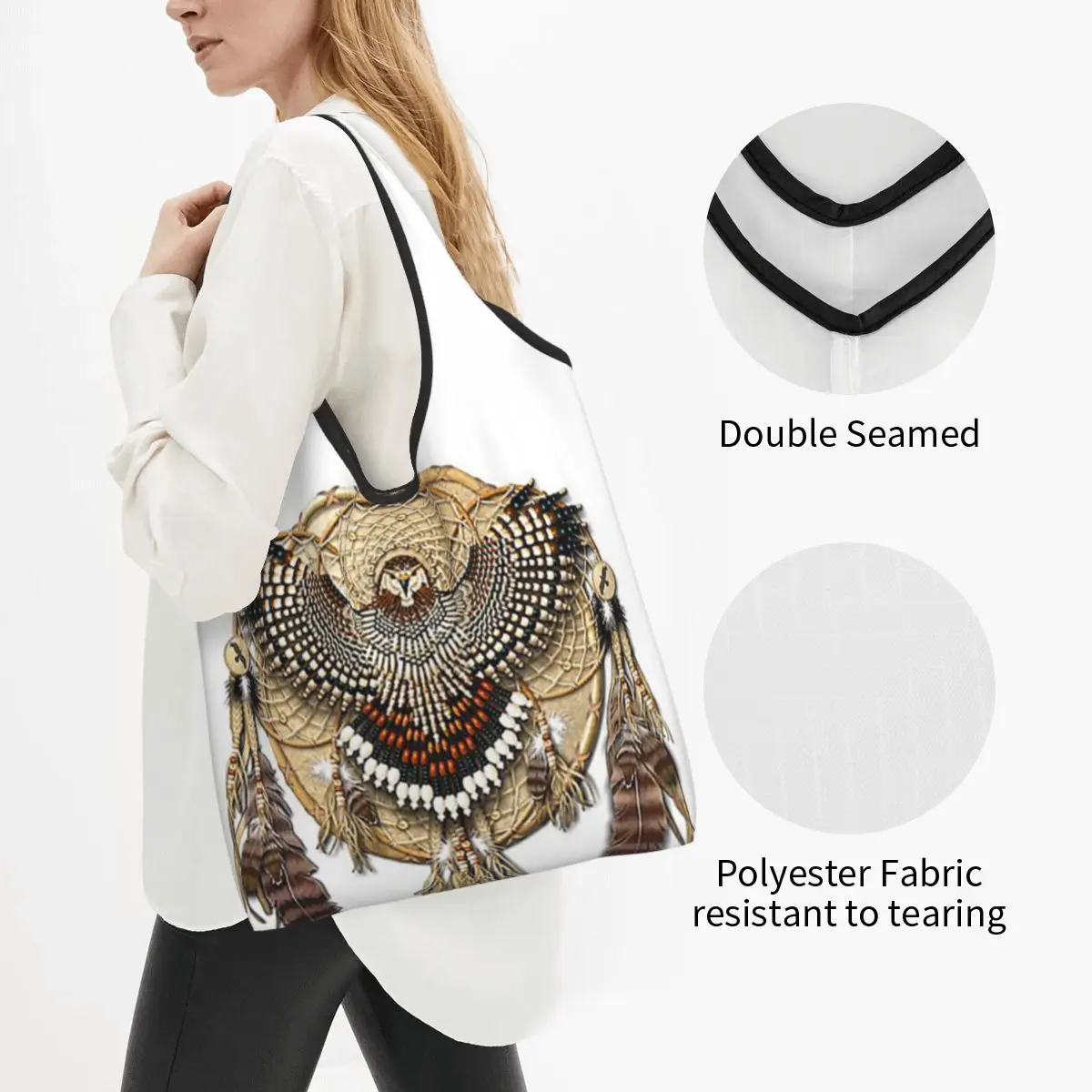 Native Mandala Owl American Portable Tote Shopping Bags Foldable Shopper Bag Grocery Handbag Shoulder Bag