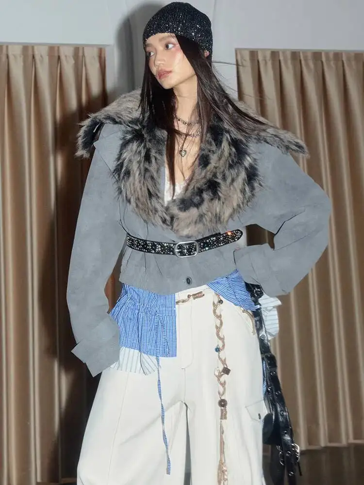 

HUISONG серая полосатая съемная куртка из искусственного меха с хлопковой подкладкой, большой размер, новое женское пальто с лацканами и длинными рукавами, модное осенне-зимнее пальто