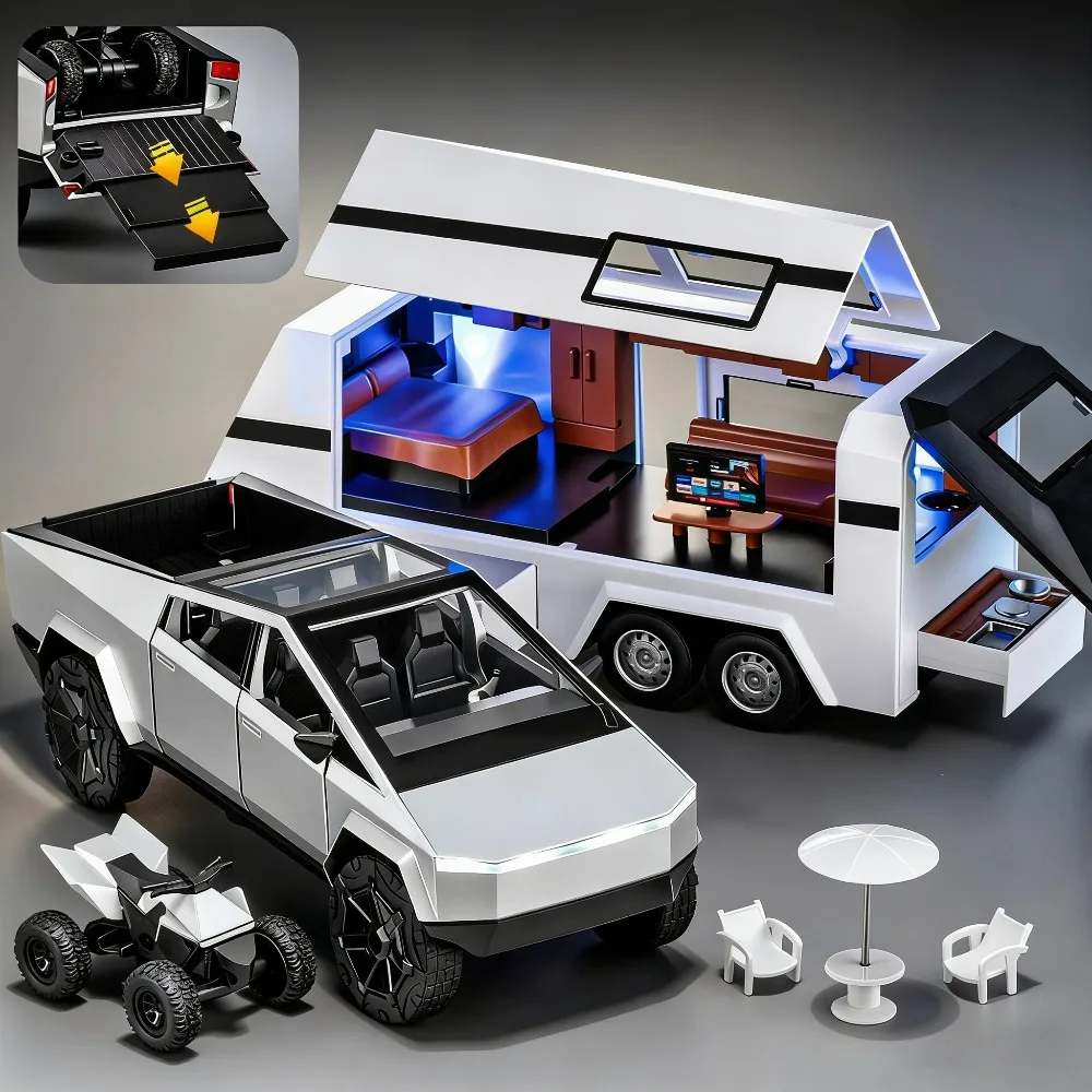 1:24 トレーラーモーターホームピックアップ合金ダイキャストモデルおもちゃ車ドア開閉音と光プルバック前輪ステアリング車両ギフト