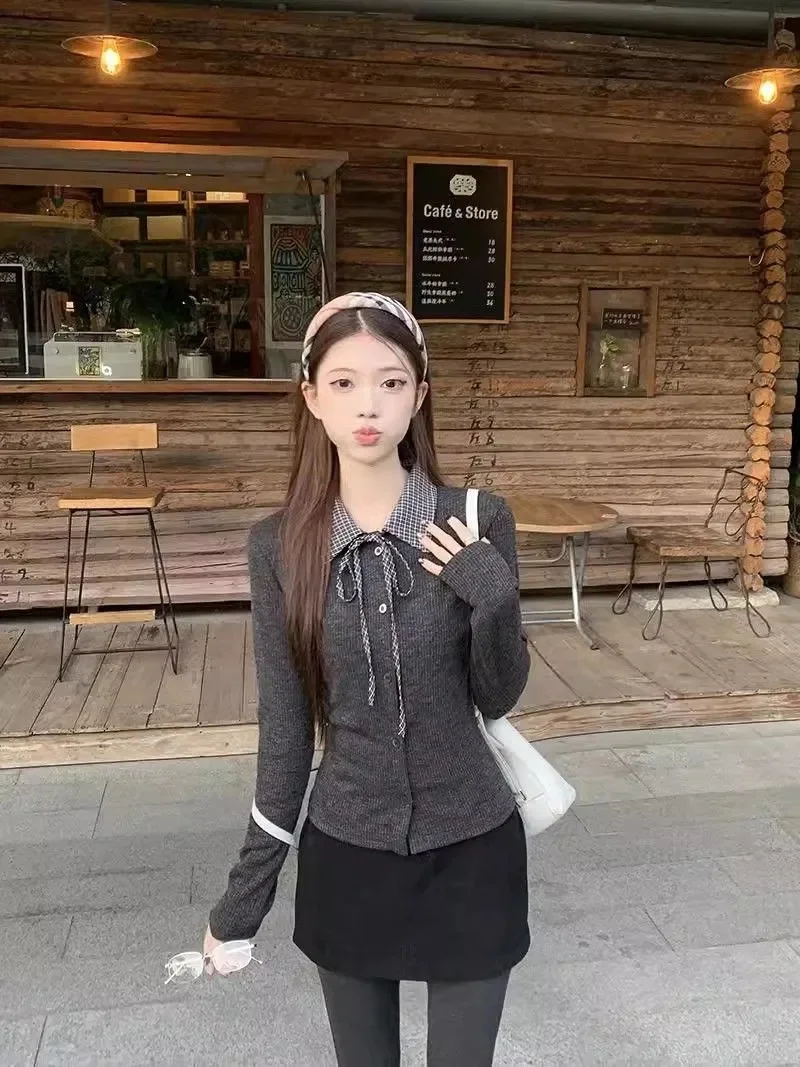 Maglione lavorato a maglia con colletto polo per donna in stile college primaverile, vestibilità slim, vita stretta, maniche lunghe, top a strati a quadretti retrò