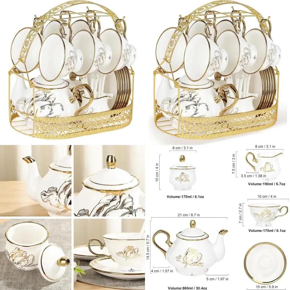 

British Bone China 22-Piece Tulip Tea Set with Metal Holder, Perfect for Afternoon Tea, Weddings, and Birthdays