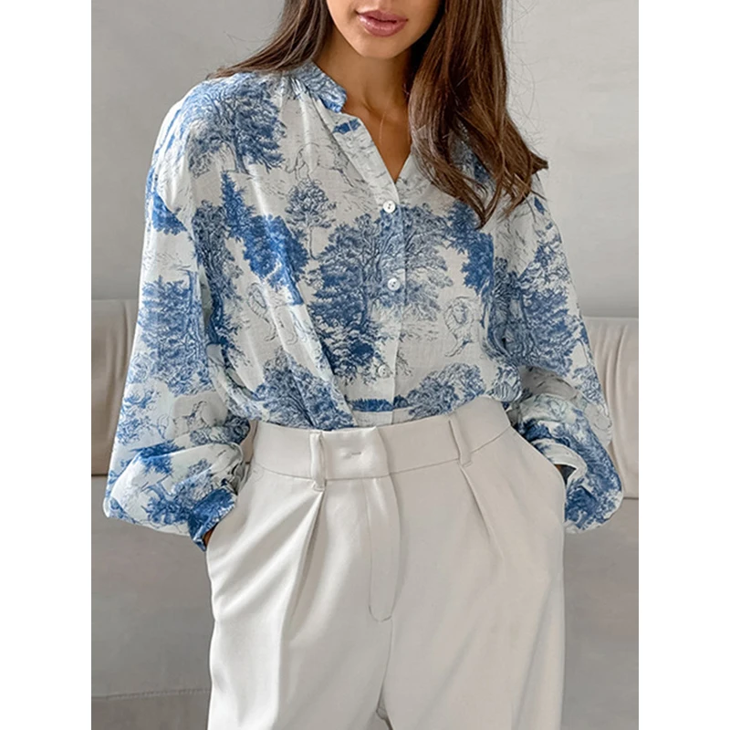 

Krisnanas 2024 New Fashion Split-Joint Pleated Floral Printed Puff Sleeves Loose Stand Collar Blouses&Shirts Summer Autumn Tops