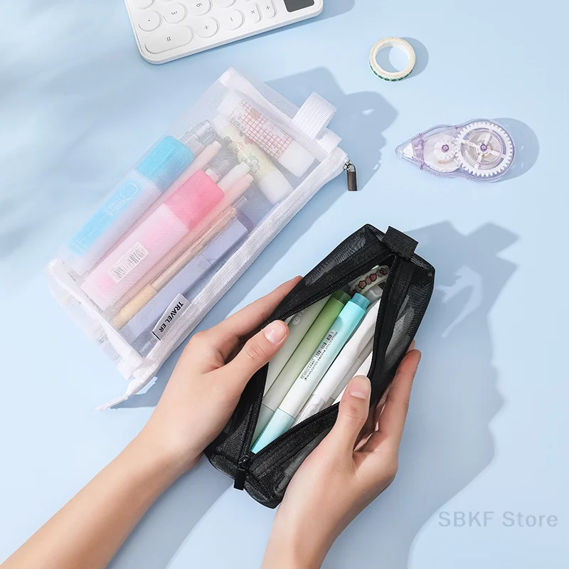 Estojo de lápis de malha transparente kawaii bonito simples bonito saco organizador escritório estudante papelaria material escolar