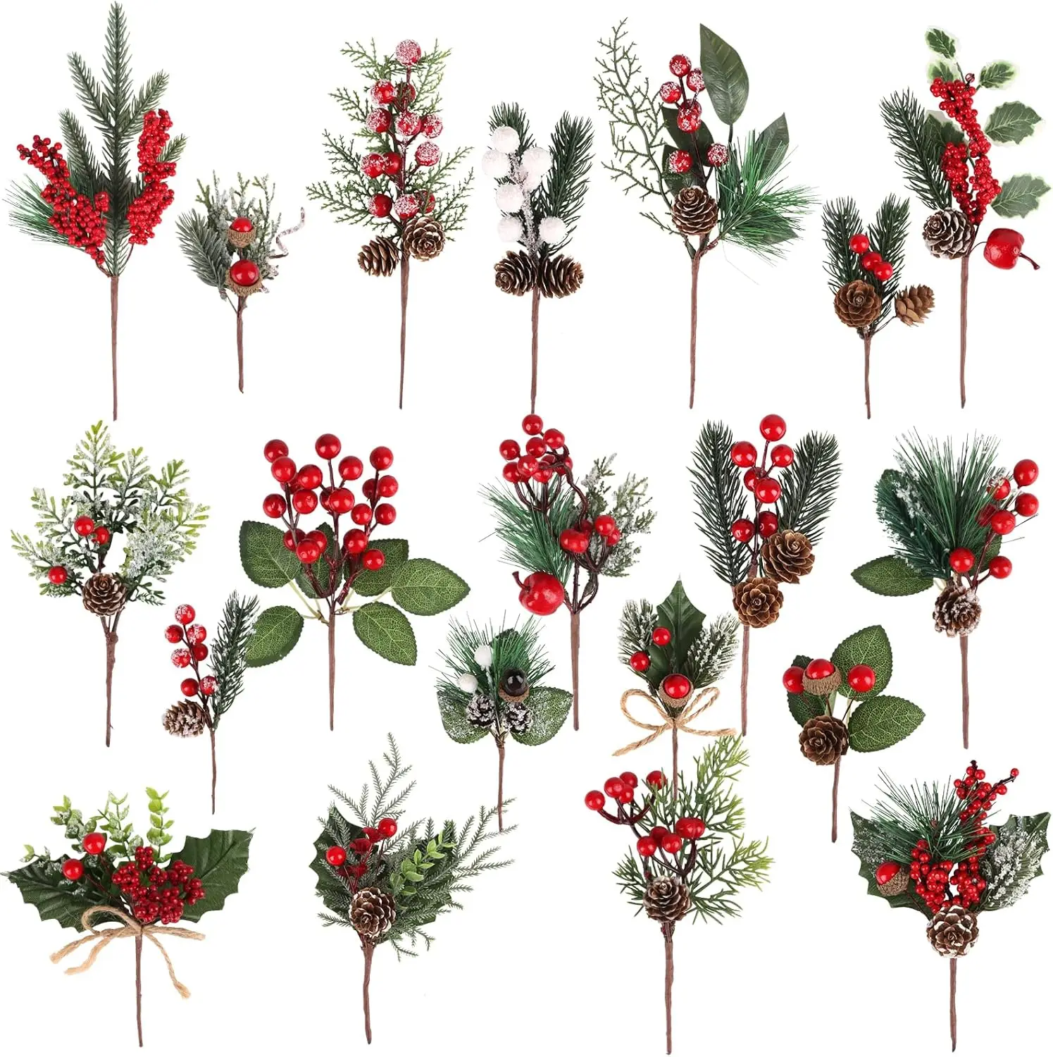 

20 шт. искусственные рождественские елки с красными ягодами, холли, шишками для праздничного декора