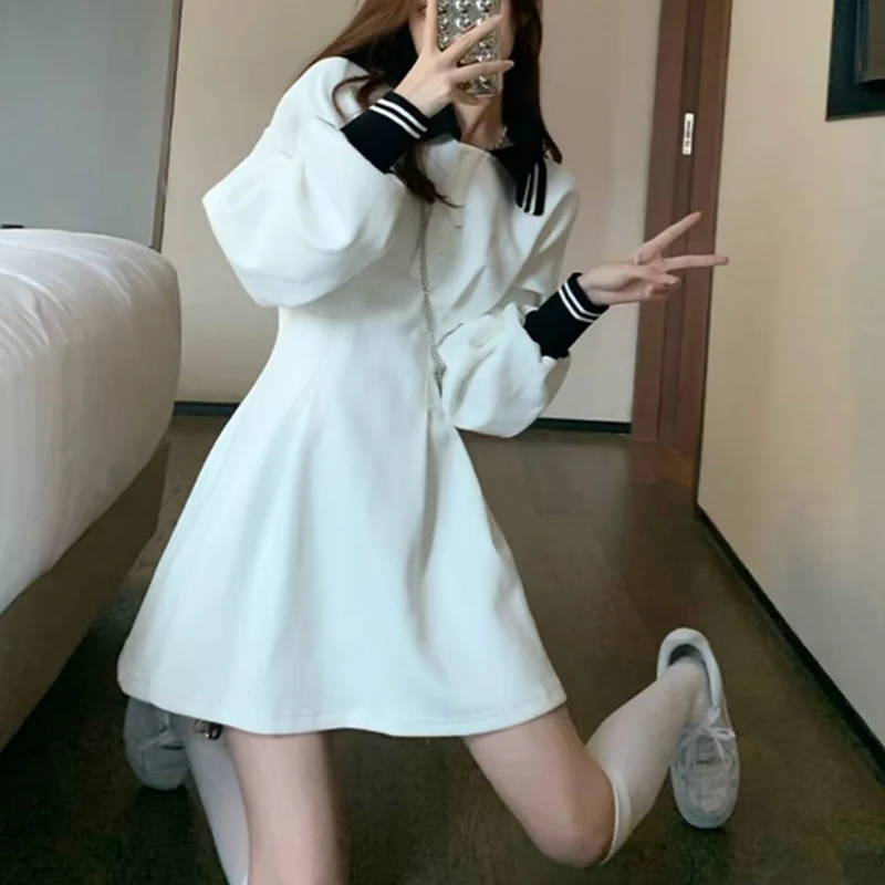 2024 Women Trendy Preppy Style Sweet Chic Polo Collar A Line Mini Dress Y2K Female High Waist Long Sleeve Slim Dresses Vestidos