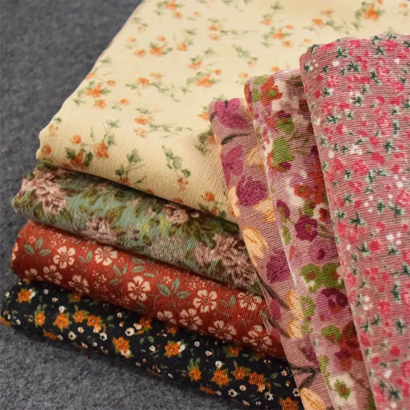 Printed Corduroy Fabric By Meters for Upholstery Dress Clothes Pillowcase Coat Diy Sewing Cloth Soft Warm Floral Beige Pink Red