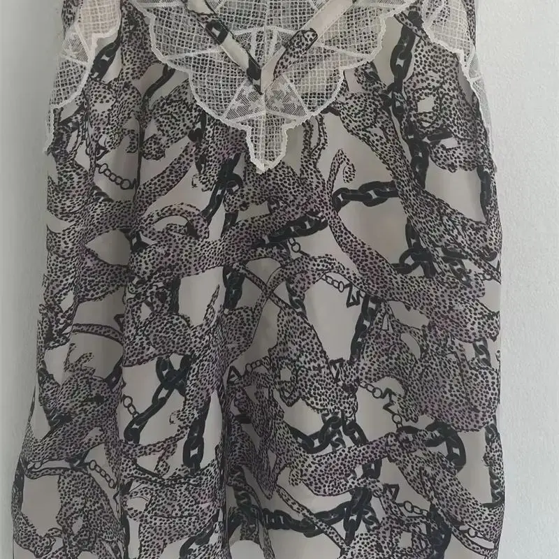 100% Silk Ladies Sexy Lace Patchwork Sling Tank Top Summer New Vintage Chain Leopard Printed Vest