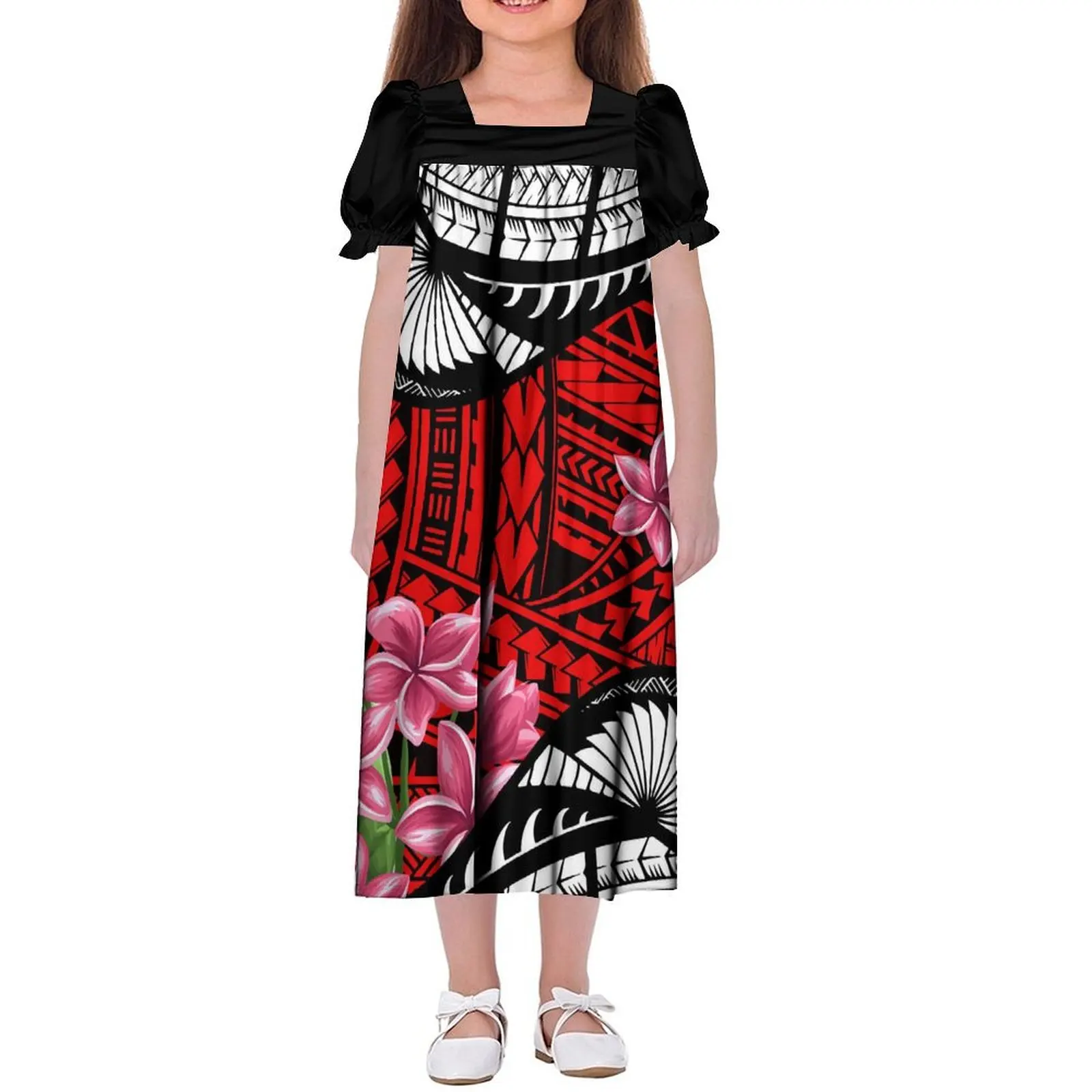 

2024 Hot Summer Girls Puffy Sleeve Dress Children'S Square Neck Puffy Dress Polynesian Tribal Design Pattern