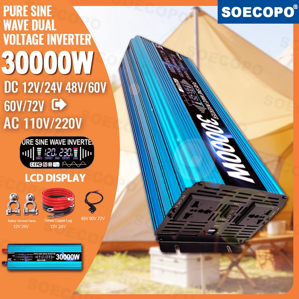 7000W-30000W Pure Sine Wave Inverter DC 12V 24V 48V 60V 72V To AC 220V 50Hz Smart LCD Display Power Converter for Home Solar Car