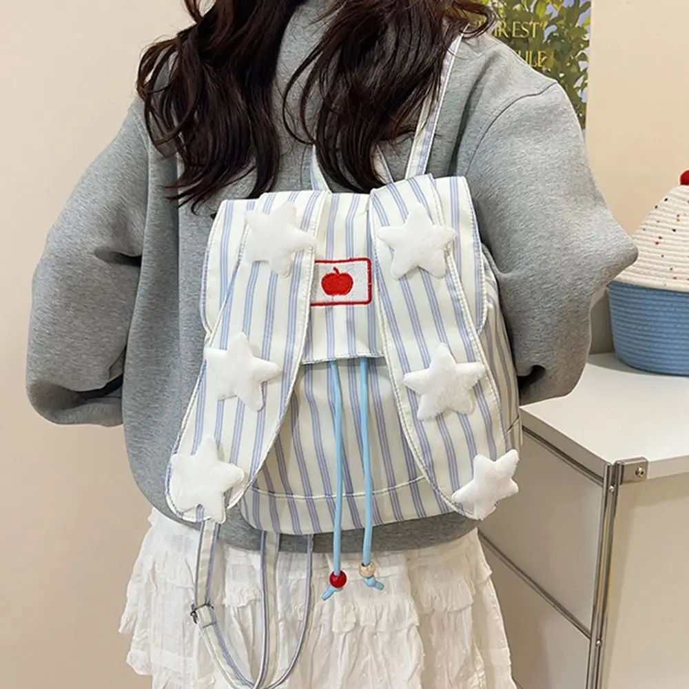 Canvas Backpack Rabbit Ear Backpack Striped Pattern Canvas Bunny Backpack Adjustable Shoulder Straps Rabbit Ear Flap