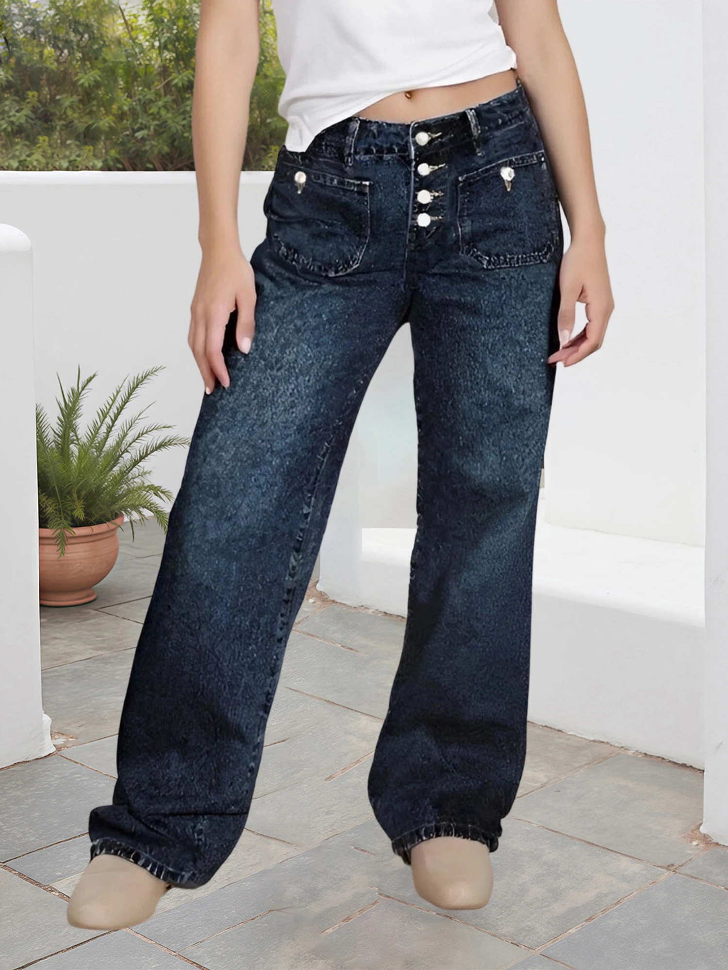 Damen-Denim-Cargohose mit niedrigem Bund und weitem Bein und Taschen – lässige, einfarbige Baggy-Jeans für einen stilvollen Look