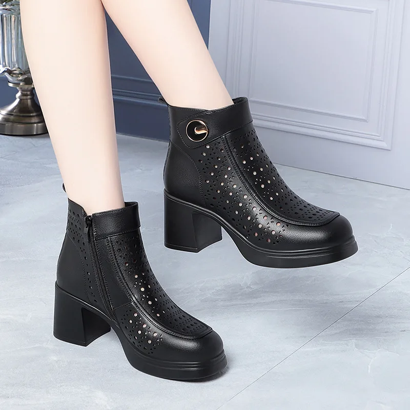 

6.5cm Fashion Comfortable Med Block Heel Shoes Women Boots Summer 2026 Breathable Hollow Cutout Hole Shoes Short Ankle Boots