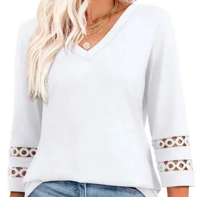 New European American Fashion Solid Color Women Knitted Sweater Loose V Neck 7 Quarter Sleeve Hollow Out Casual Pullover Tops