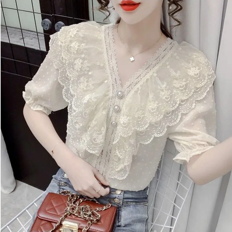 Elegant V-Neck Spliced Beading Lace Ruffles Princess Sleeve Blouse Women's Clothing 2023 Summer New Casual Pullovers Sweet Shirt