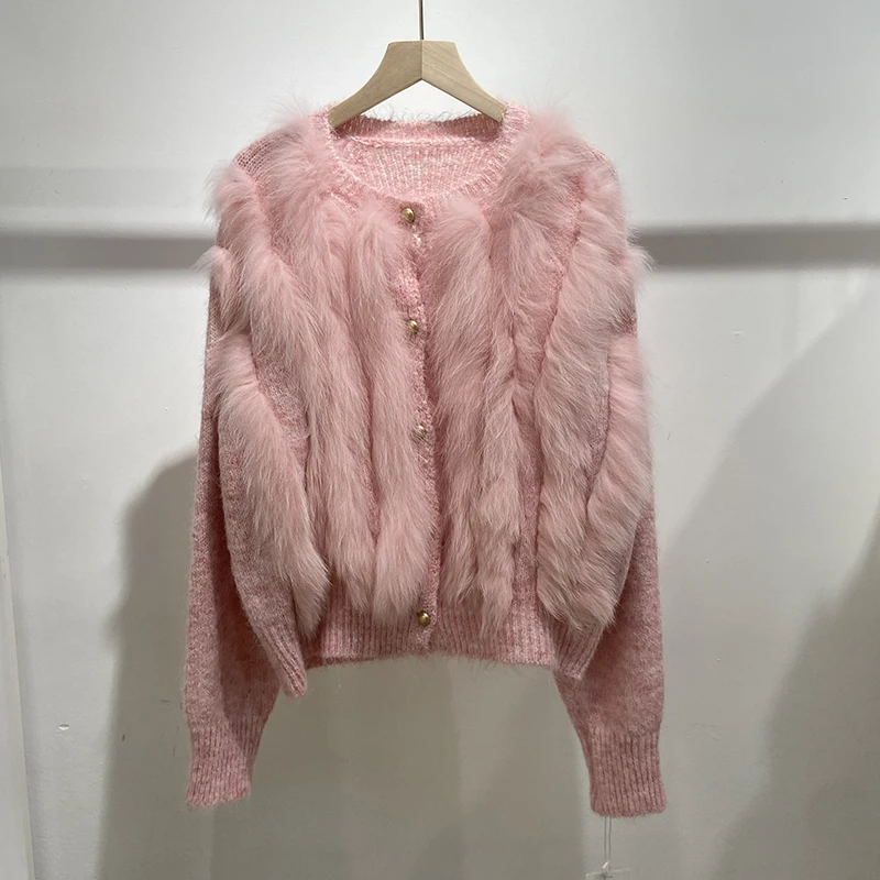 Women Autumn Fluffy Real Fox Fur Colorful Lovely Cute Sweater Lady's Blue Knitted Thick Sweater Coat