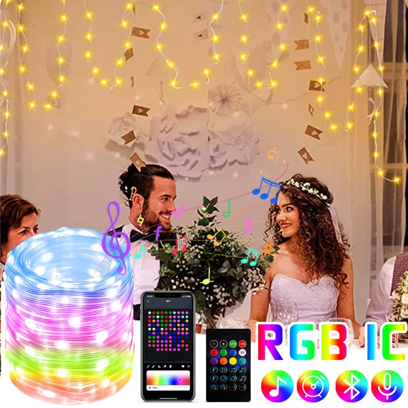 Wedding Fairy Lights RGB IC Music Rhythm LED String Light Smart APP Waterproof Garland Light For Wedding Birthday Party Decor